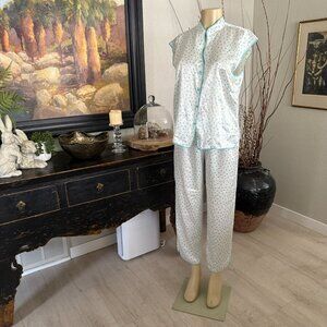 Oscar de la Renta PINK LABEL 2-piece pajama set white w/ teal polka dots